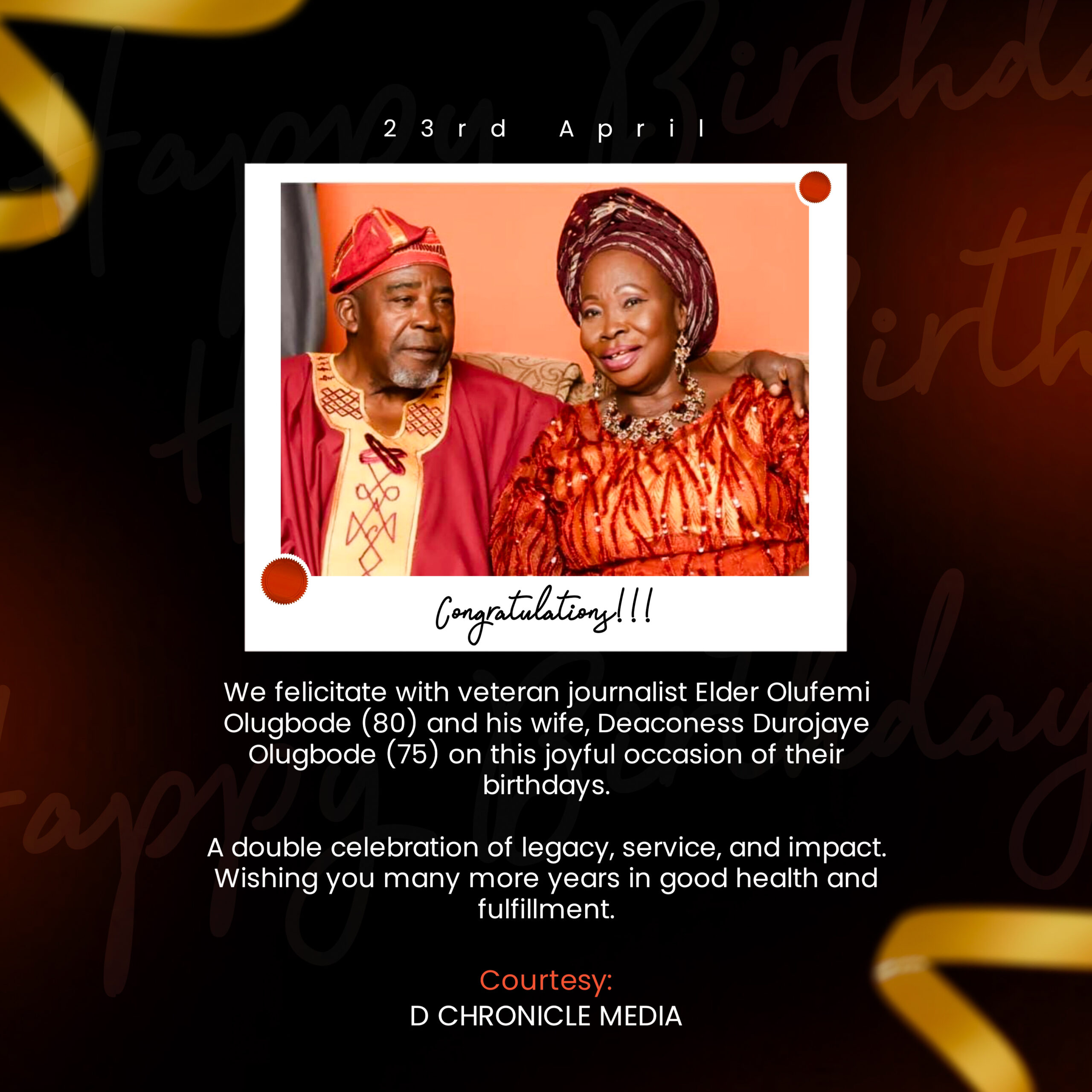 Two Lives, One Legacy: Veteran Journalist Olufemi Olugbode at 80, Wife Deaconess Durojaye Olugbode at 75