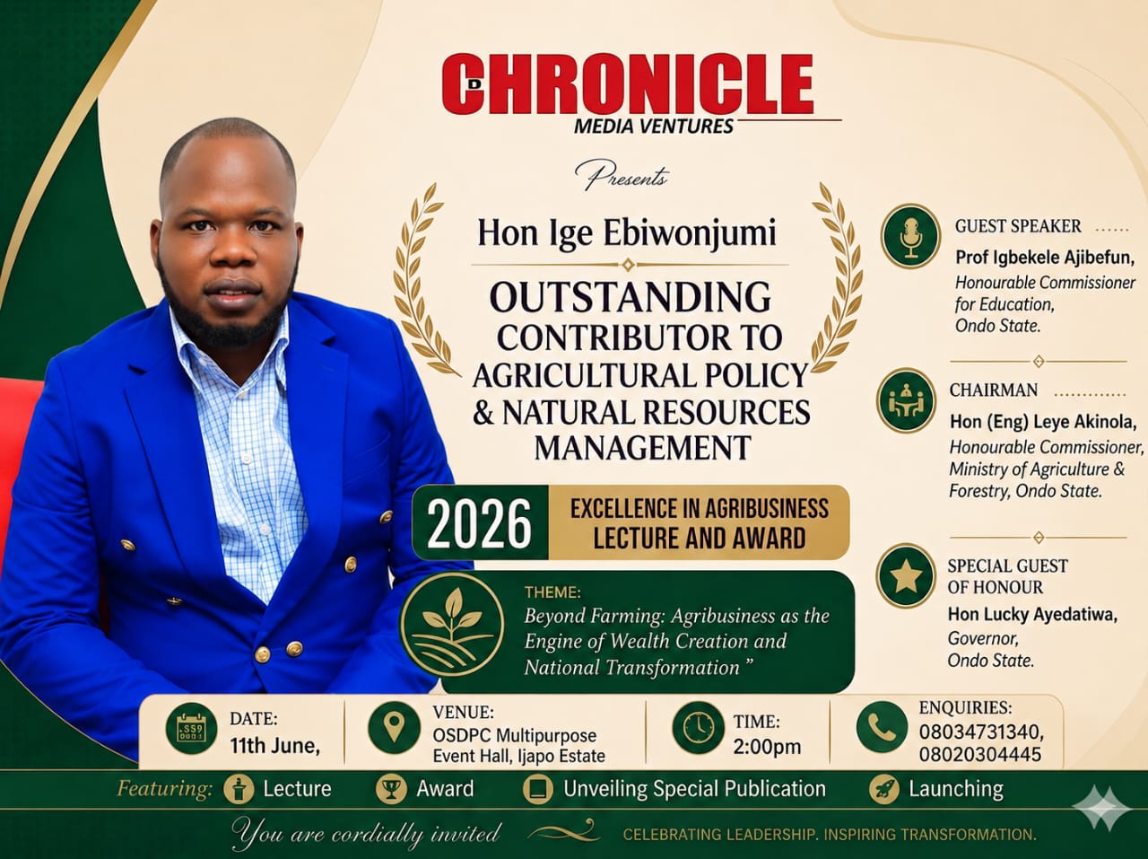 2026 Excellence in Agribusiness Lecture and Award; Hon. Ige Ebiwonjumi Sets for Prestigious Honour